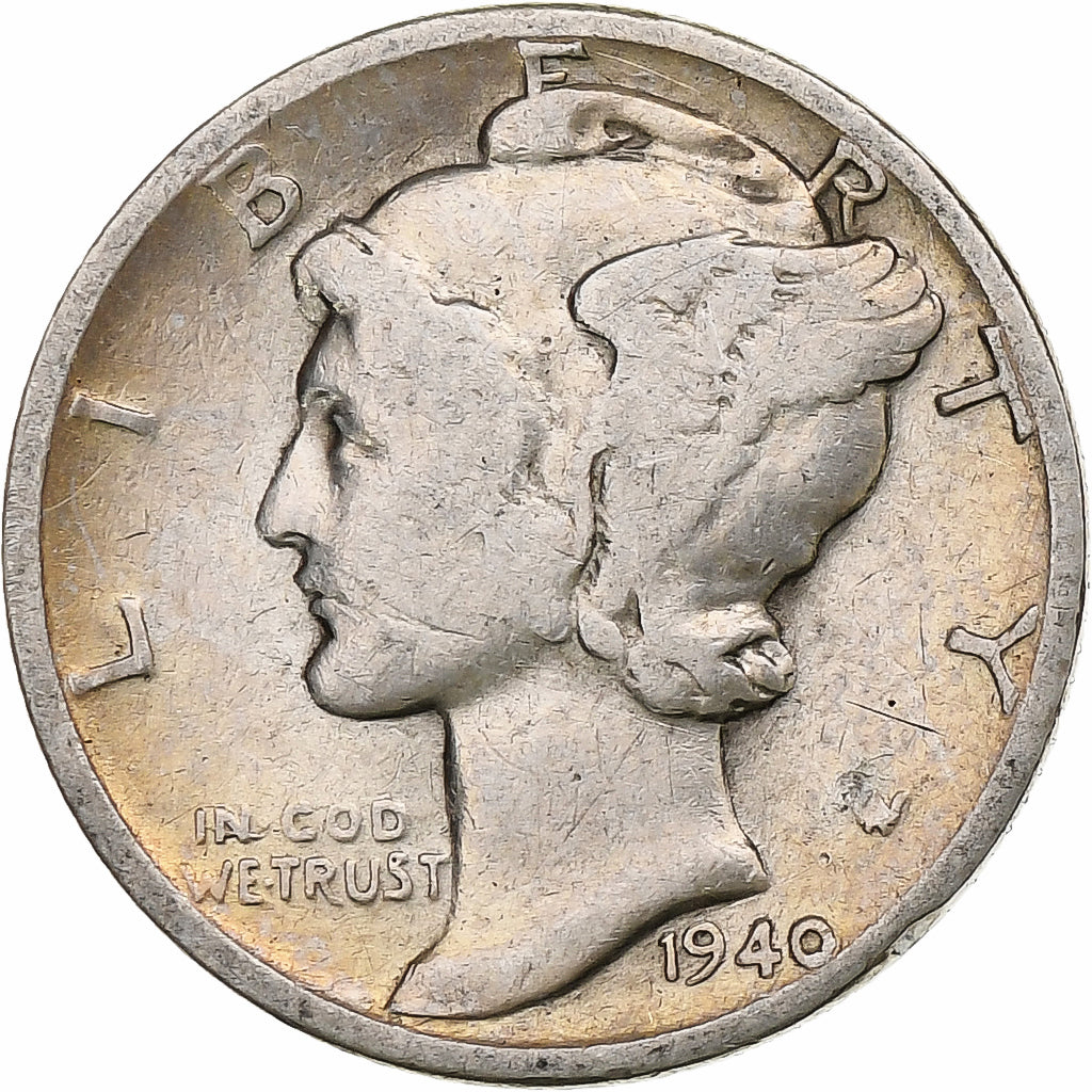 États-Unis, Dime, Mercury, 1940, Philadelphie, Argent, TB+, KM:140