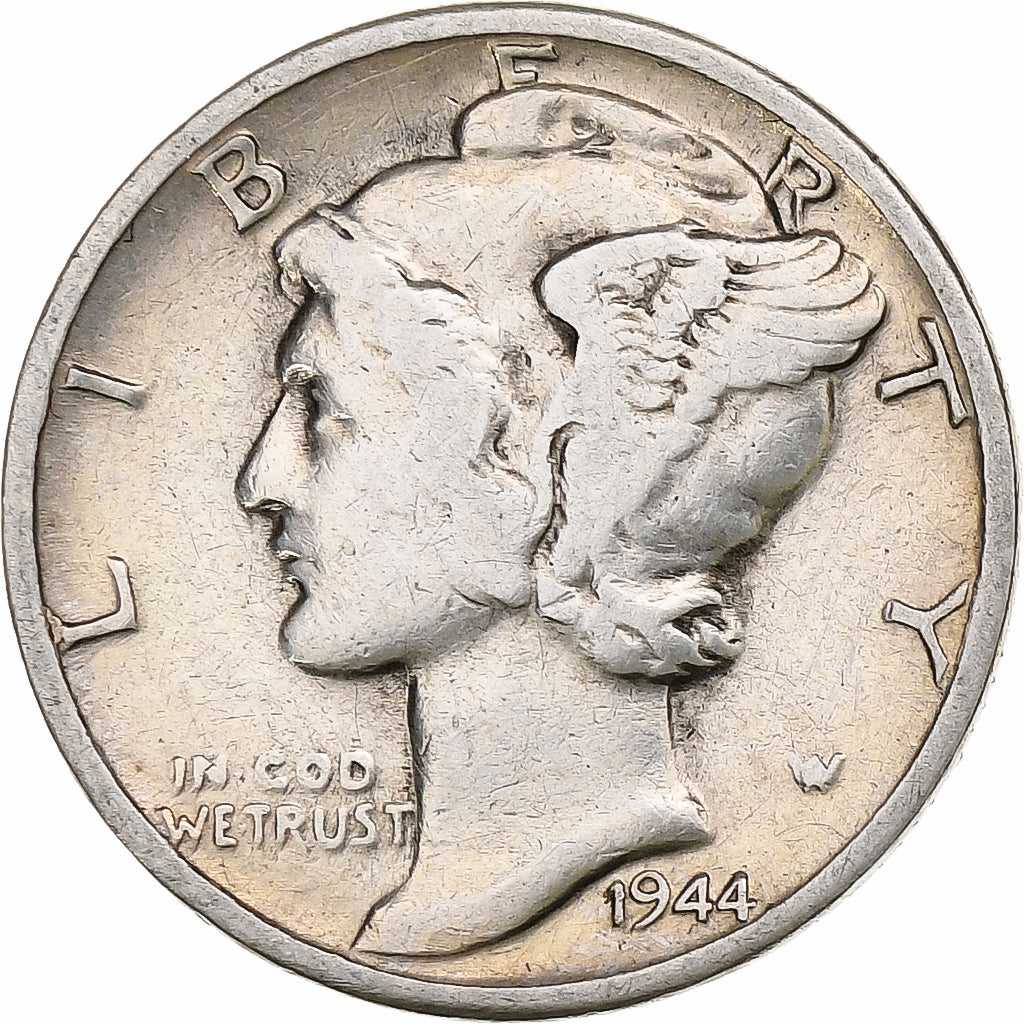 Estados Unidos, Dime, Mercury, 1944, Philadelphia, Plata, BC+, KM:140