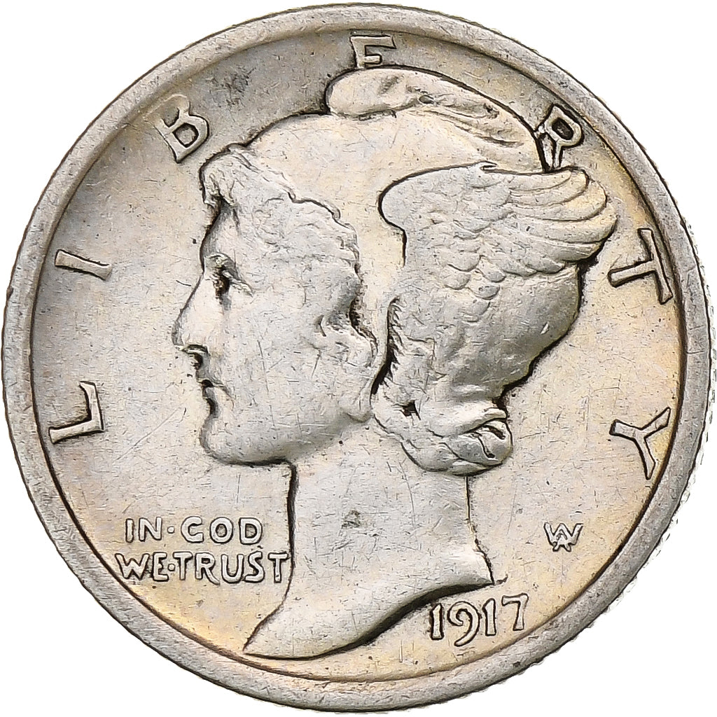 États-Unis, Dime, Mercury, 1917, Philadelphie, Argent, TTB, KM:140