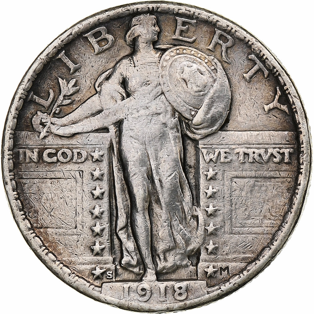Stati Uniti, Quarter, Standing Liberty, 1918, San Francisco, Argento, MB+