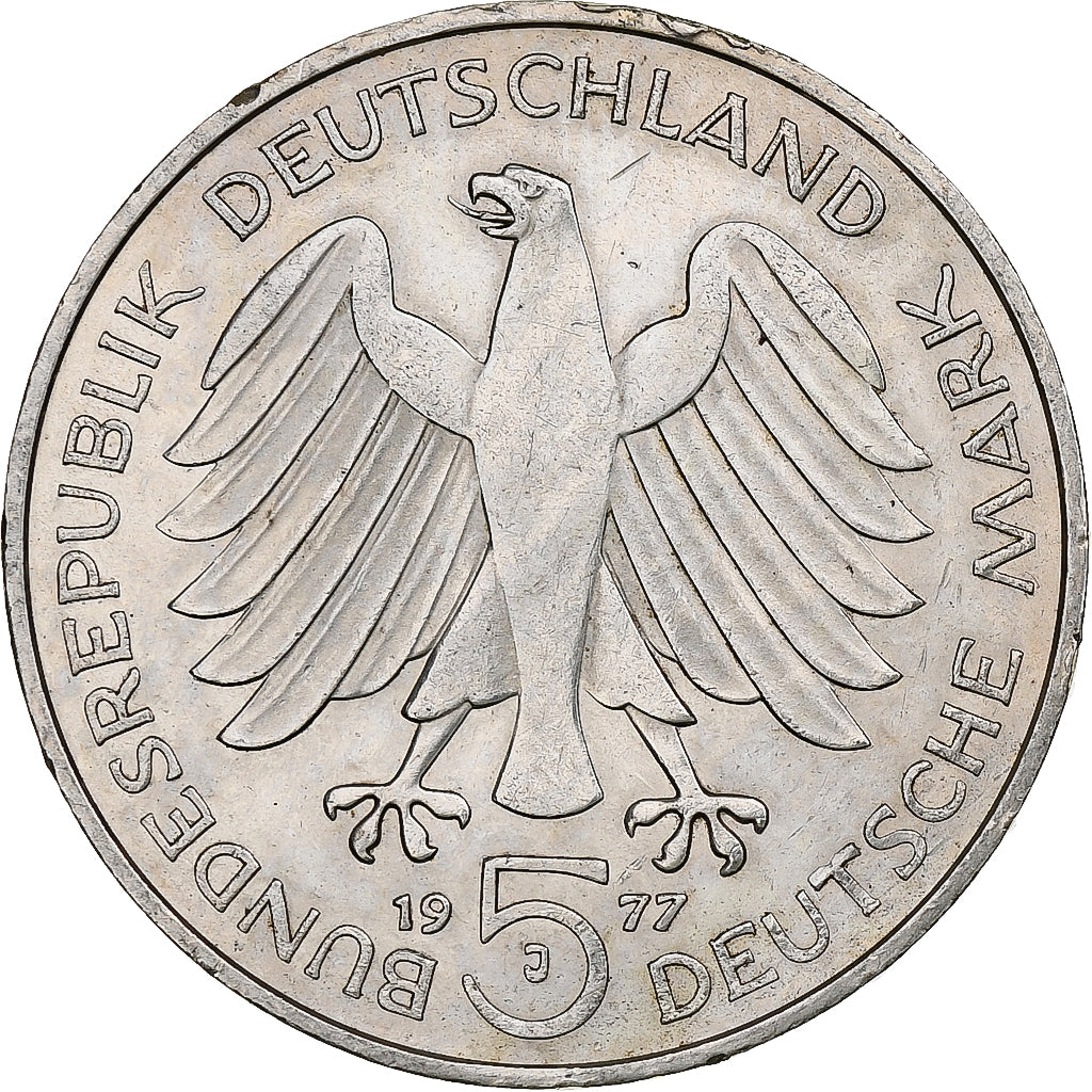 Germania, 5 Mark, Carl Friedrich Gauss, 1977, Hambourg, Argento, BB+, KM:145