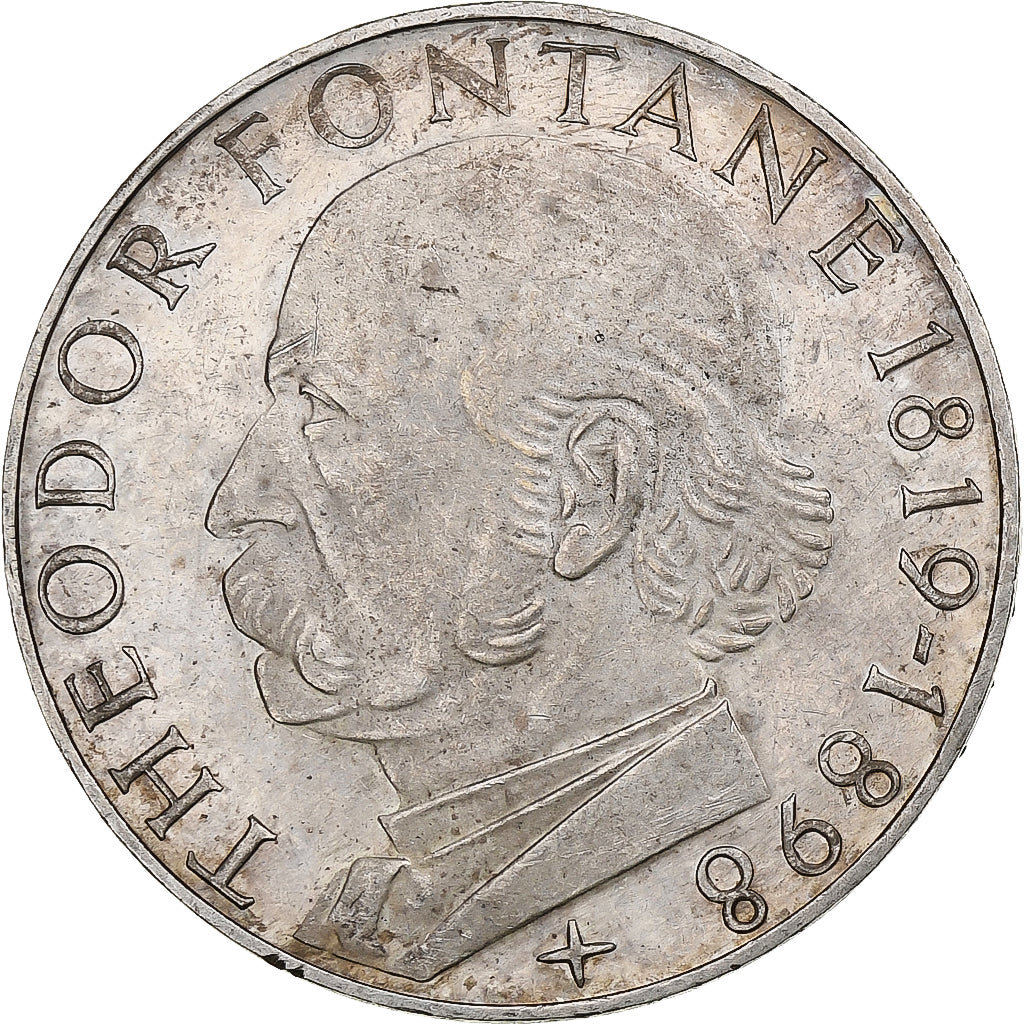 Germany, 5 Mark, Theodor Fontane, 1969, Karlsruhe, Silver, AU(50-53), KM:125