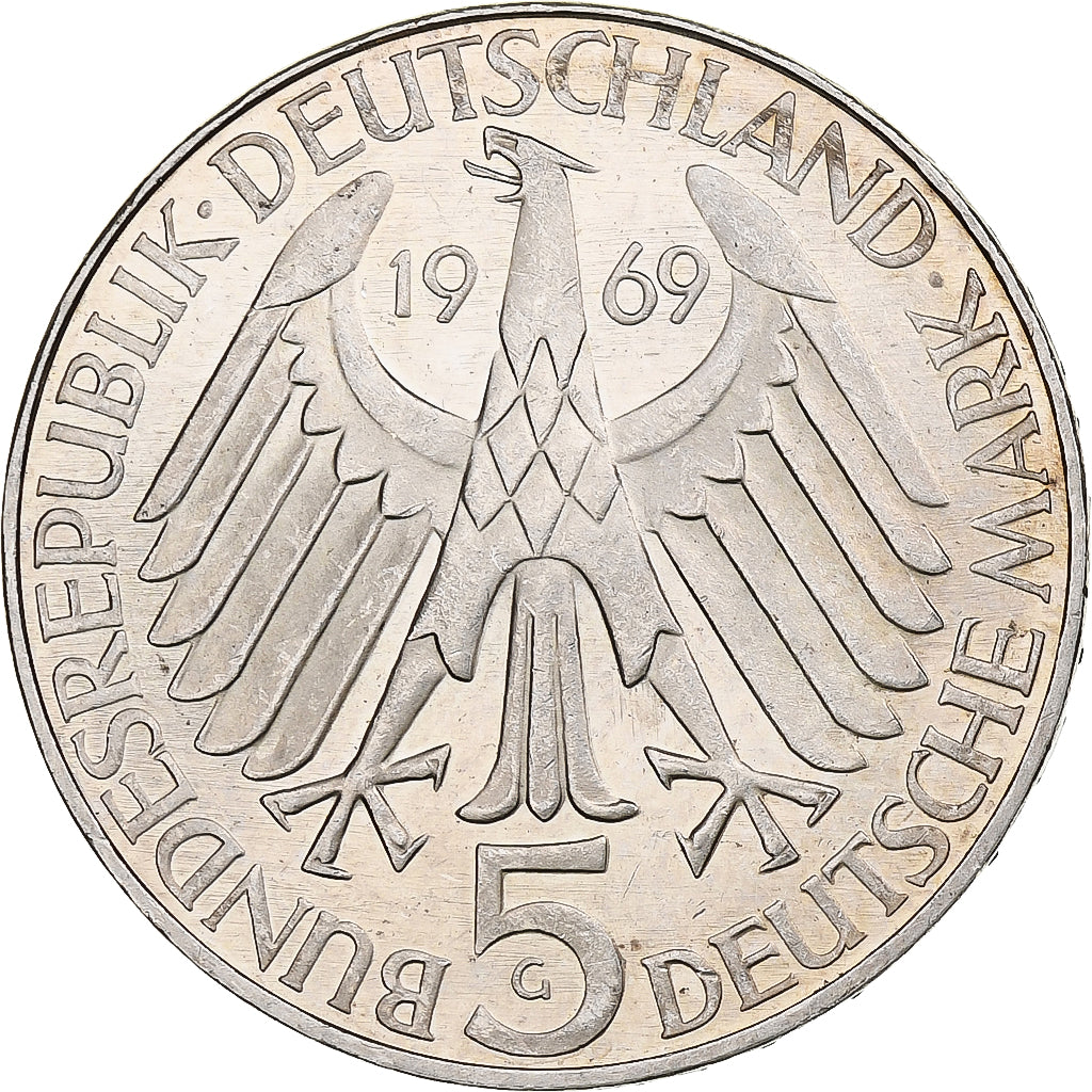 Germany, 5 Mark, Theodor Fontane, 1969, Karlsruhe, Silver, AU(50-53), KM:125