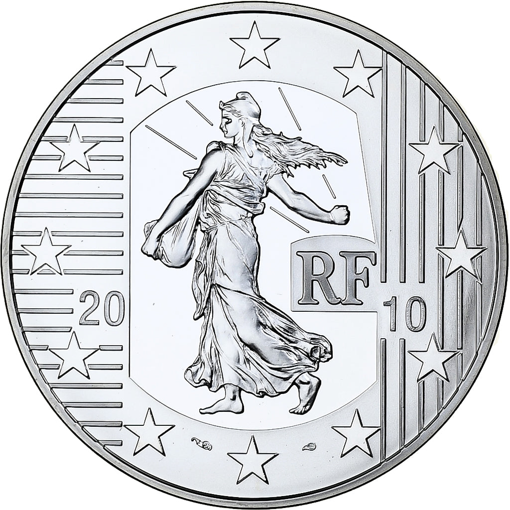 Francja, 10 Euro, Semeuse, Nouveau franc, Proof, 2010, Monnaie de Paris, Srebro
