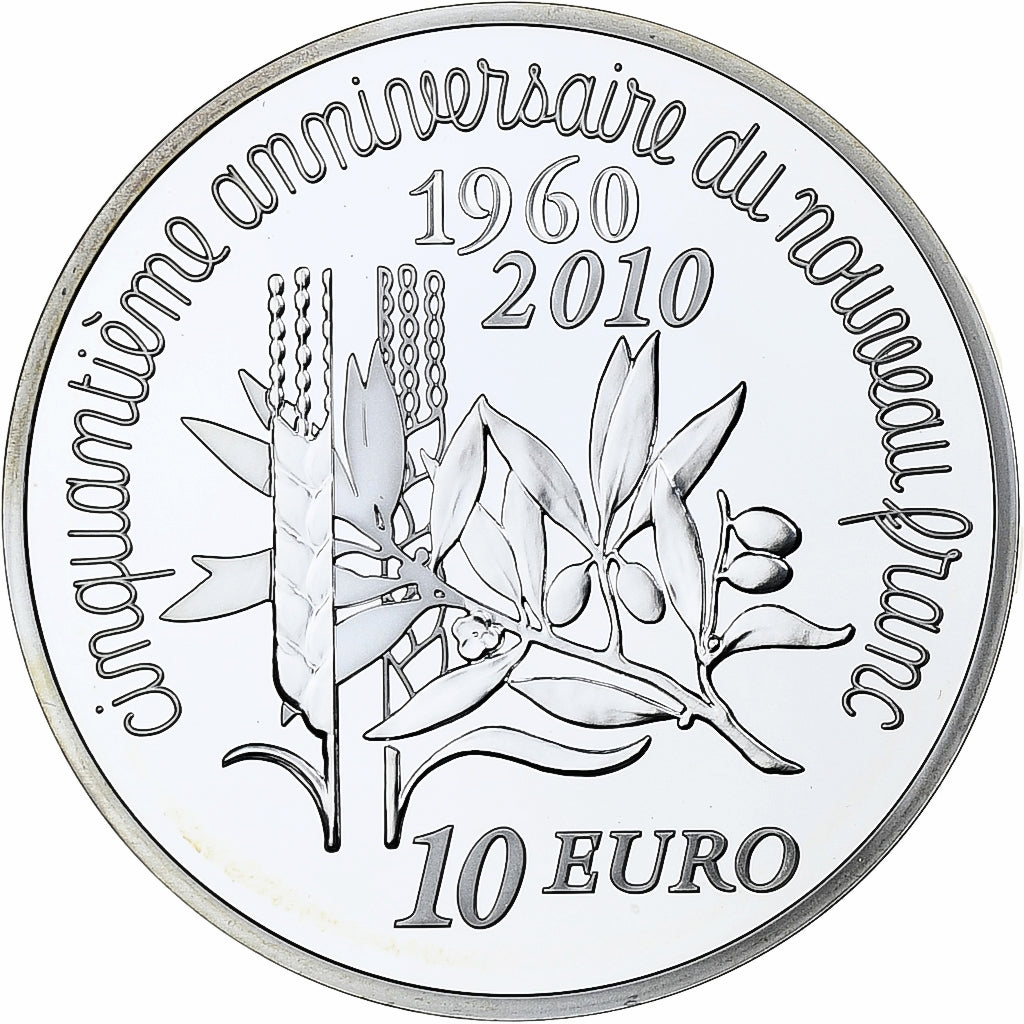 Francja, 10 Euro, Semeuse, Nouveau franc, Proof, 2010, Monnaie de Paris, Srebro