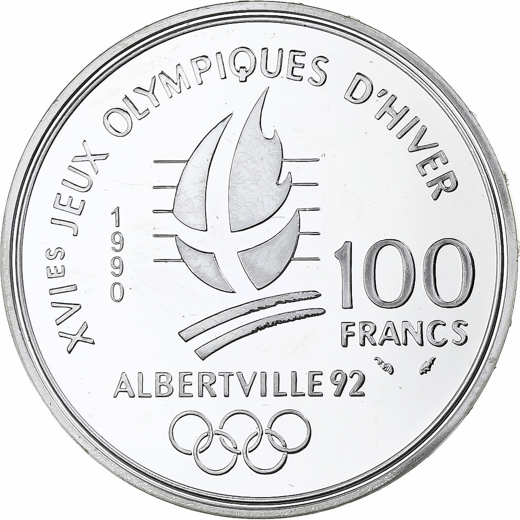 France, 100 Francs, 1992 Olympics, Albertville, Slalom Skiing, 1990, MDP, Proof