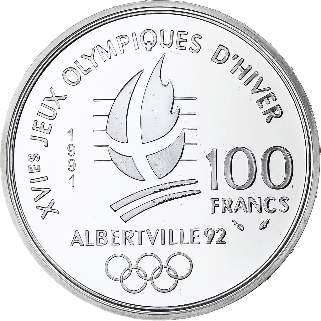 France, 100 Francs, 1992 Olympics, Albertville, Hockey, 1990, MDP, Proof