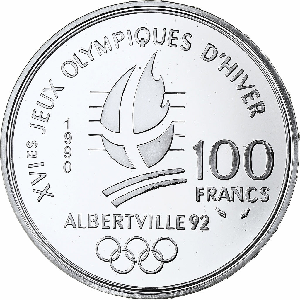France, 100 Francs, 1992 Olympics, Albertville, Slalom Skiing, 1990, MDP, Proof