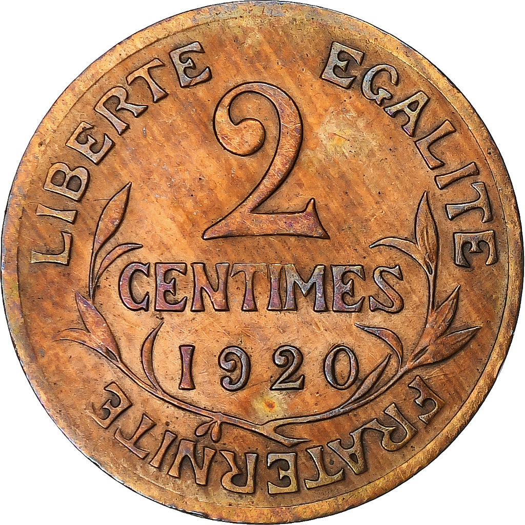 França, 2 Centimes, Daniel-Dupuis, 1920, Paris, Bronze, VF(20-25), Gadoury:107