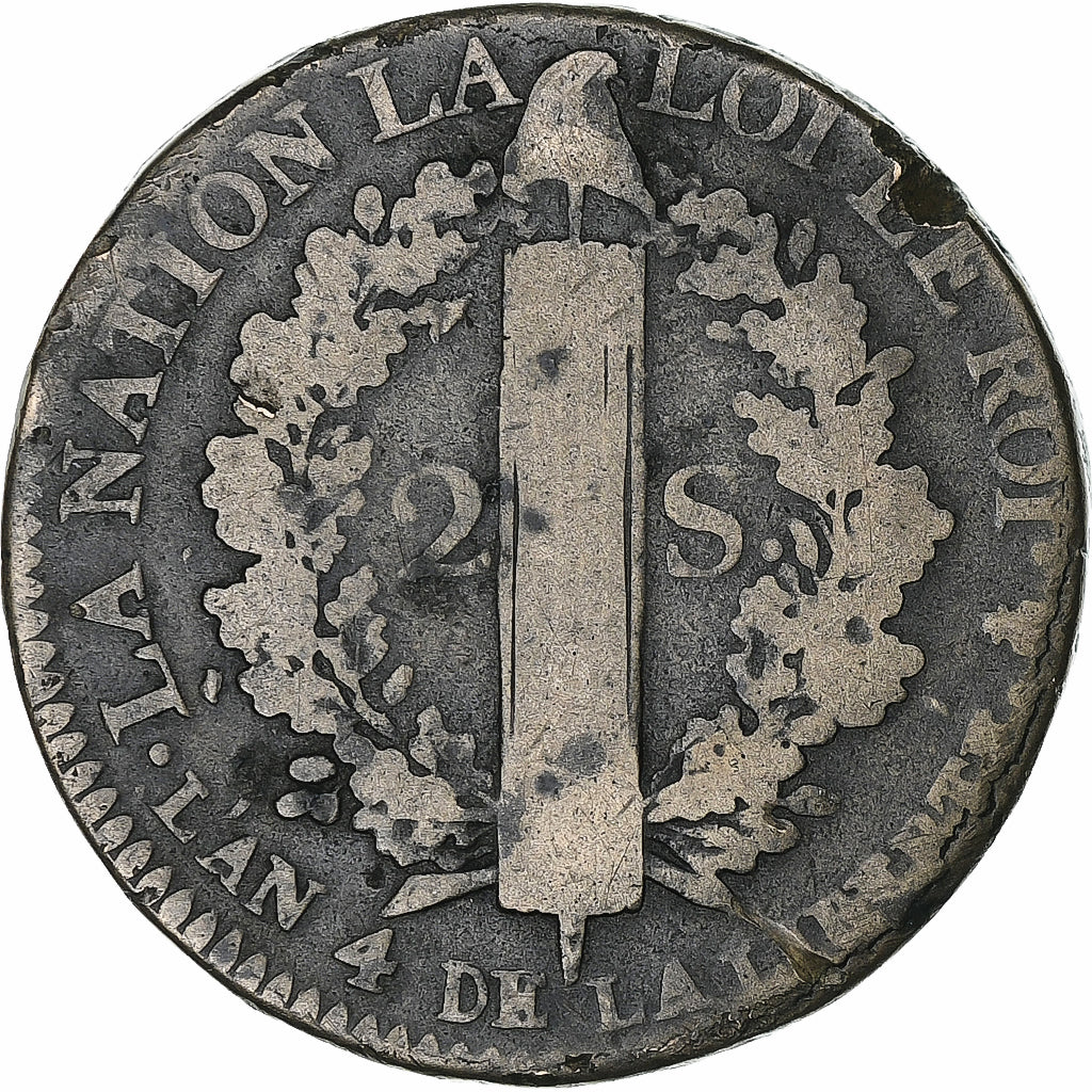 France, Louis XVI, 2 sols François, 1792 / AN 4, Paris, Métal de cloche