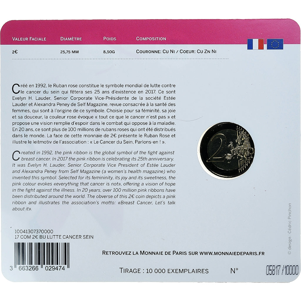Francja, 2 Euro, cancer du sein, 2017, Monnaie de Paris, BU, colorisée