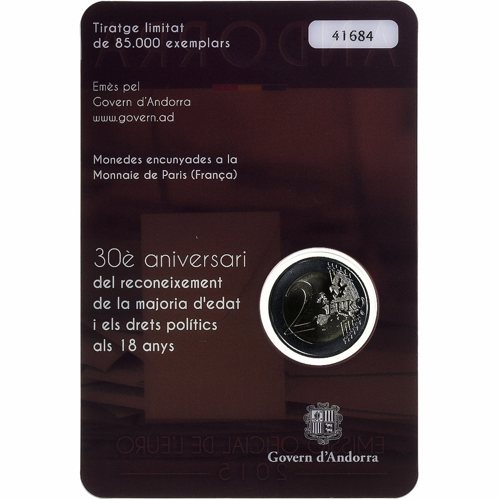 Andorre, 2 Euro, majorité à 18 ans, 2015, Coin card, FDC, Bimétallique