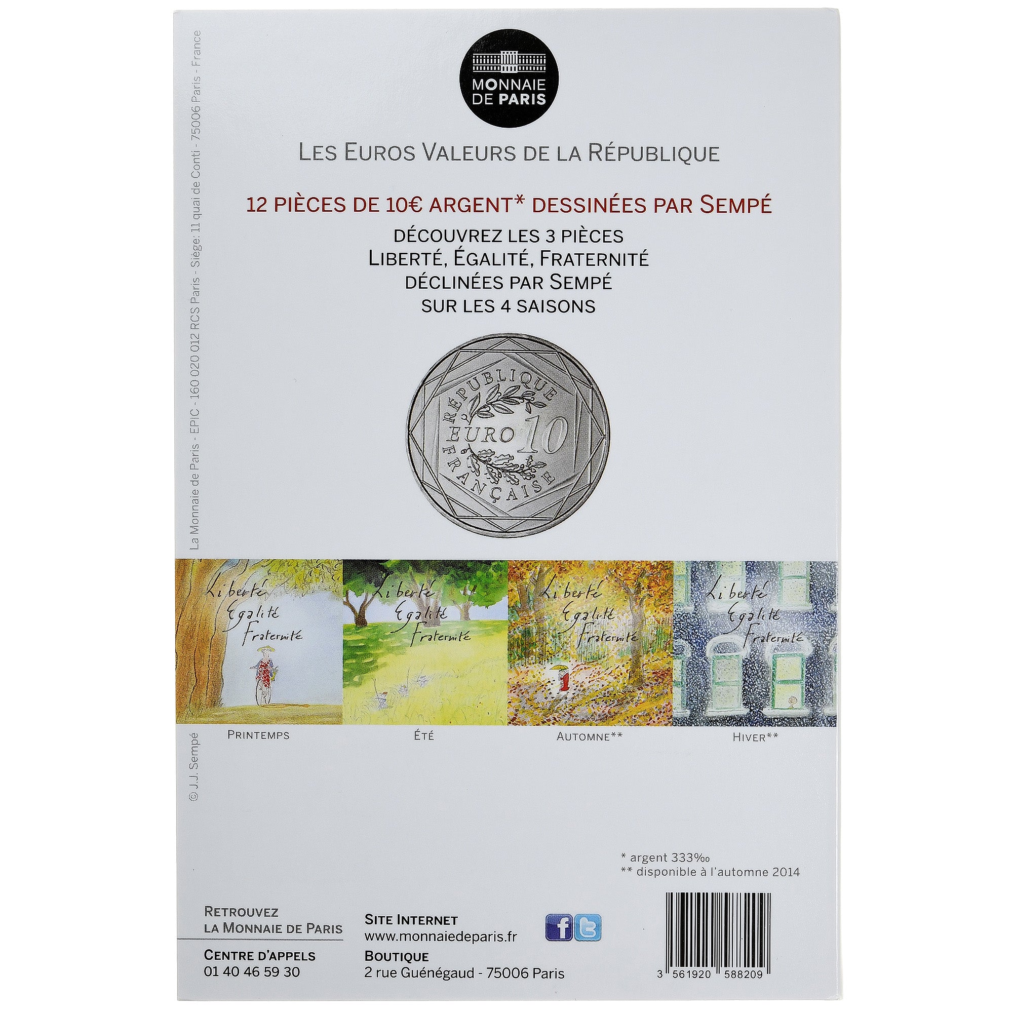 France, 10 Euro, Sempé - Automne - Fraternité, 2014, Monnaie de Paris, Silver