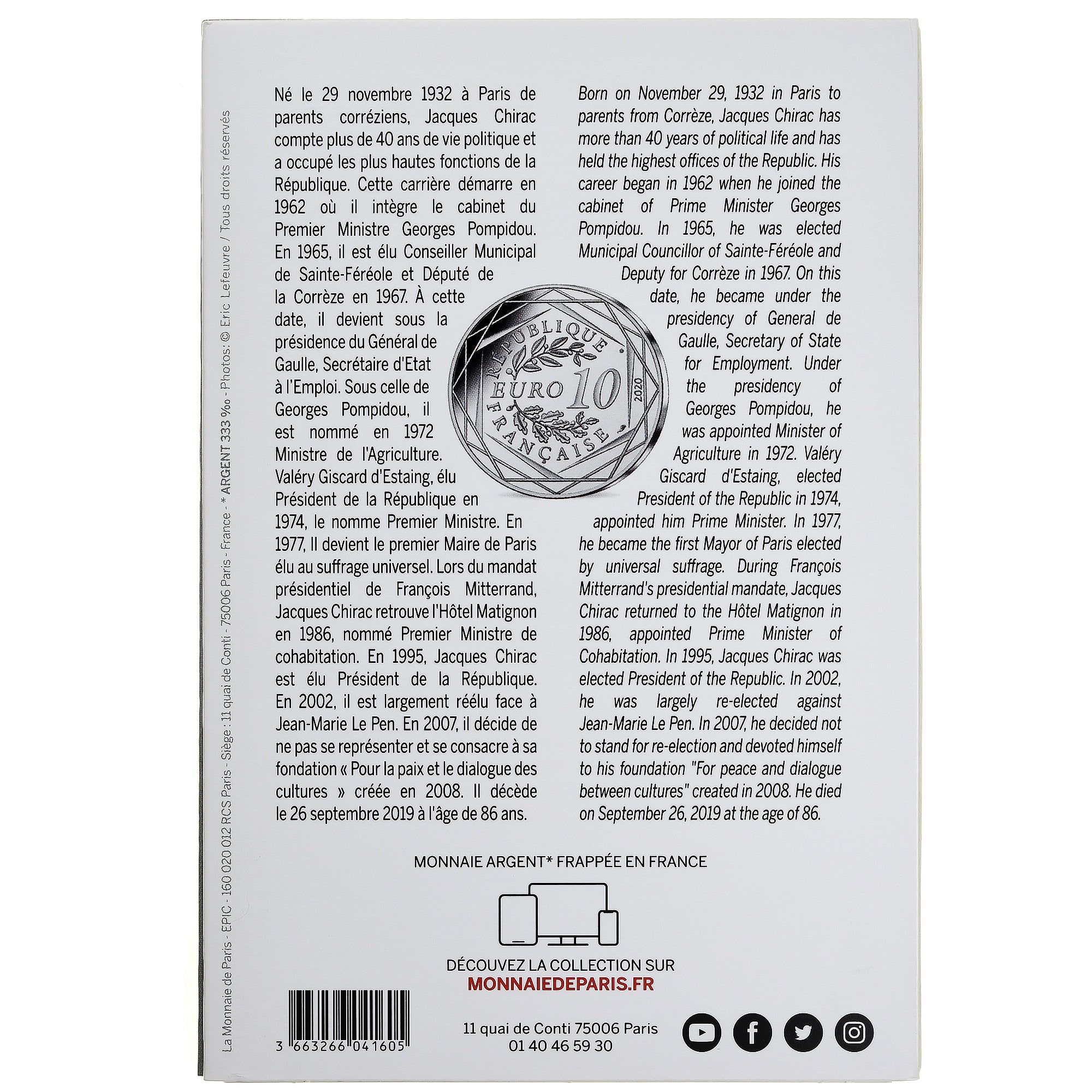 France, 10 Euro, Jacques Chirac, 2020, Monnaie de Paris, Silver, MS(65-70)