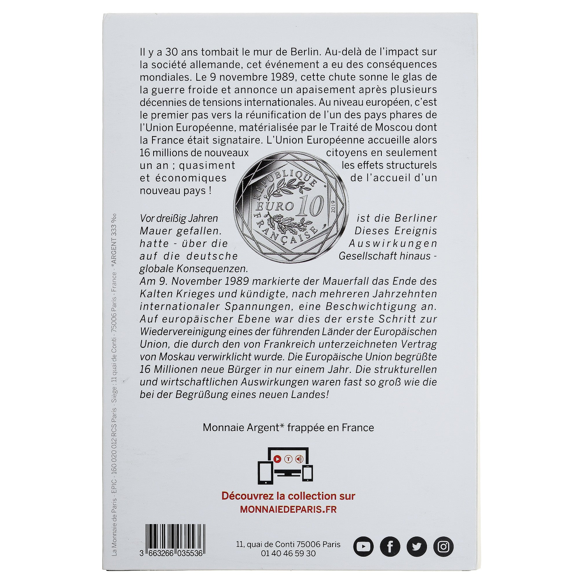 Francia, 10 Euro, Chute du Mur de Berlin, 2019, Monnaie de Paris, Argento, FDC