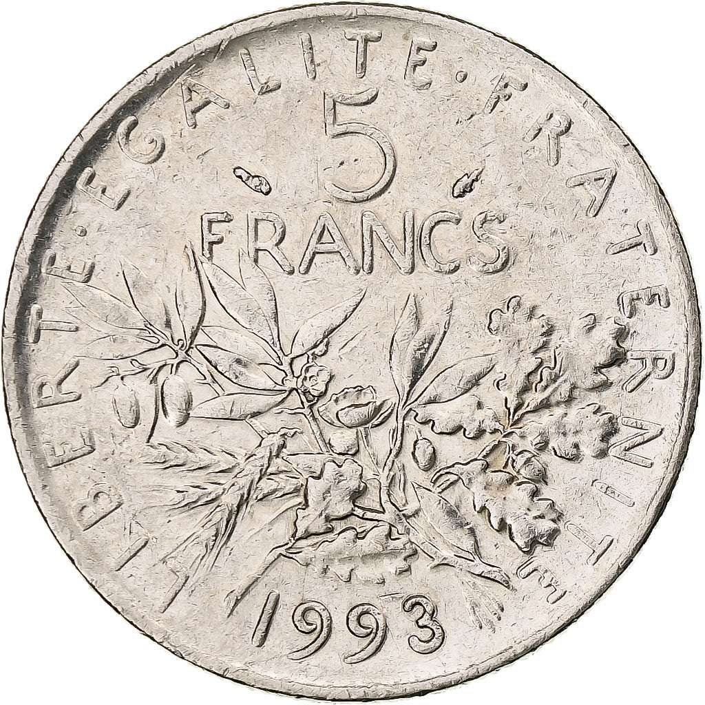 France, 5 Francs, Semeuse, 1993, Pessac, Copper-nickel, EF(40-45), Gadoury:771