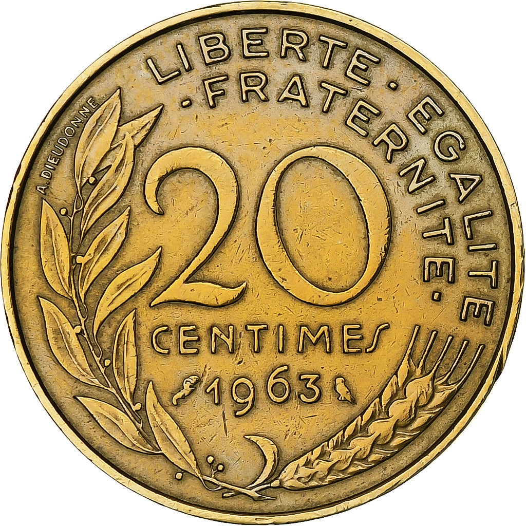 France, 20 Centimes, Marianne, 1963, Paris, Aluminum-Bronze, EF(40-45)