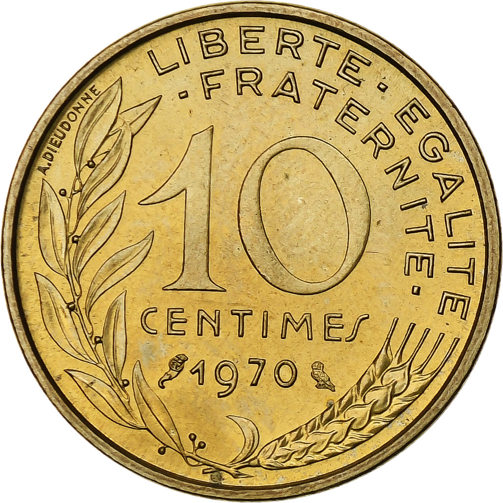 Francja, 10 Centimes, Marianne, 1970, Paris, Aluminium-Brąz, MS(64)