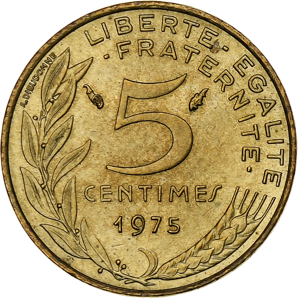 France, 5 Centimes, Marianne, 1975, Pessac, Aluminum-Bronze, AU(50-53)