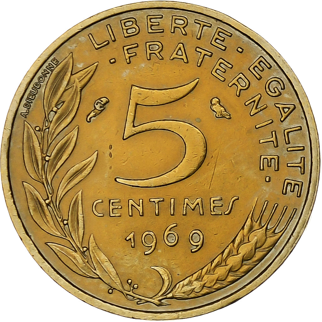 France, 5 Centimes, Marianne, 1969, Paris, Aluminum-Bronze, AU(50-53)