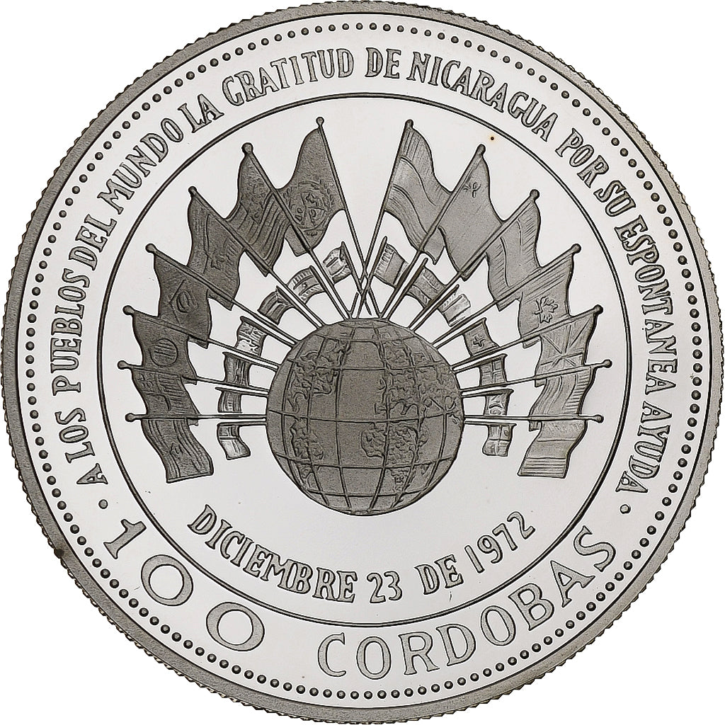 Nicaragua, 100 Cordobas, Earthquake Relief, 1975, Llantrisant, FS, Argento, FDC