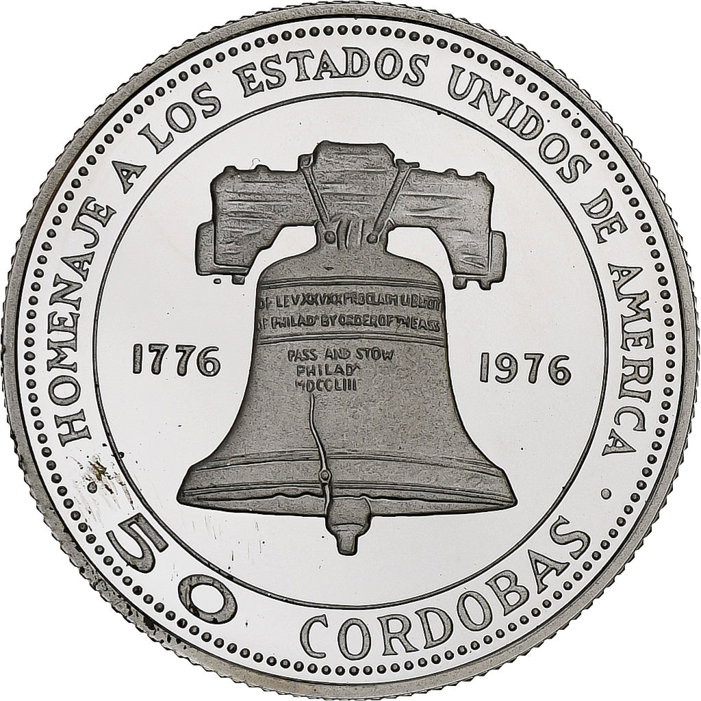 Nicaragua, 50 Cordobas, Liberty Bell, 1975, Llantrisant, BE, Argent, FDC, KM:33