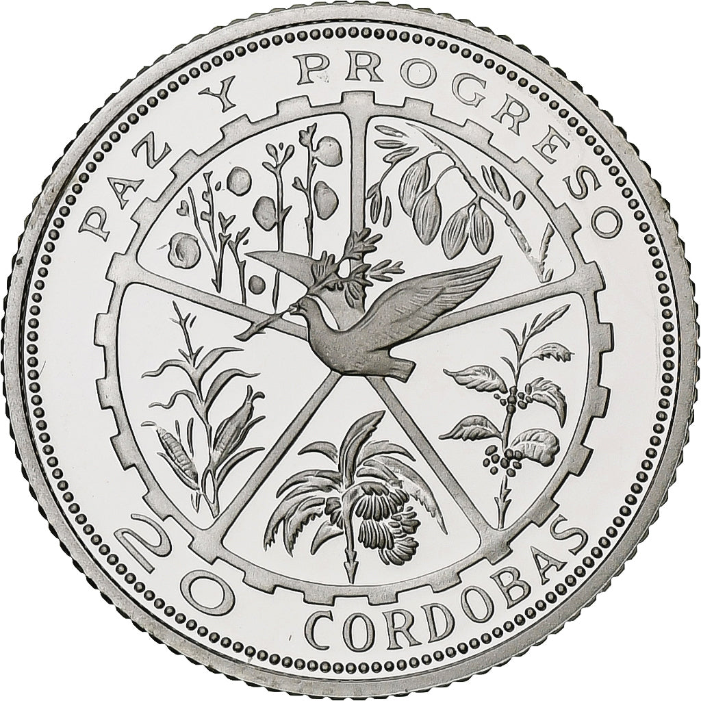 Nicaragua, 20 Cordobas, Peace and Progress, 1975, Llantrisant, Proof, Silver