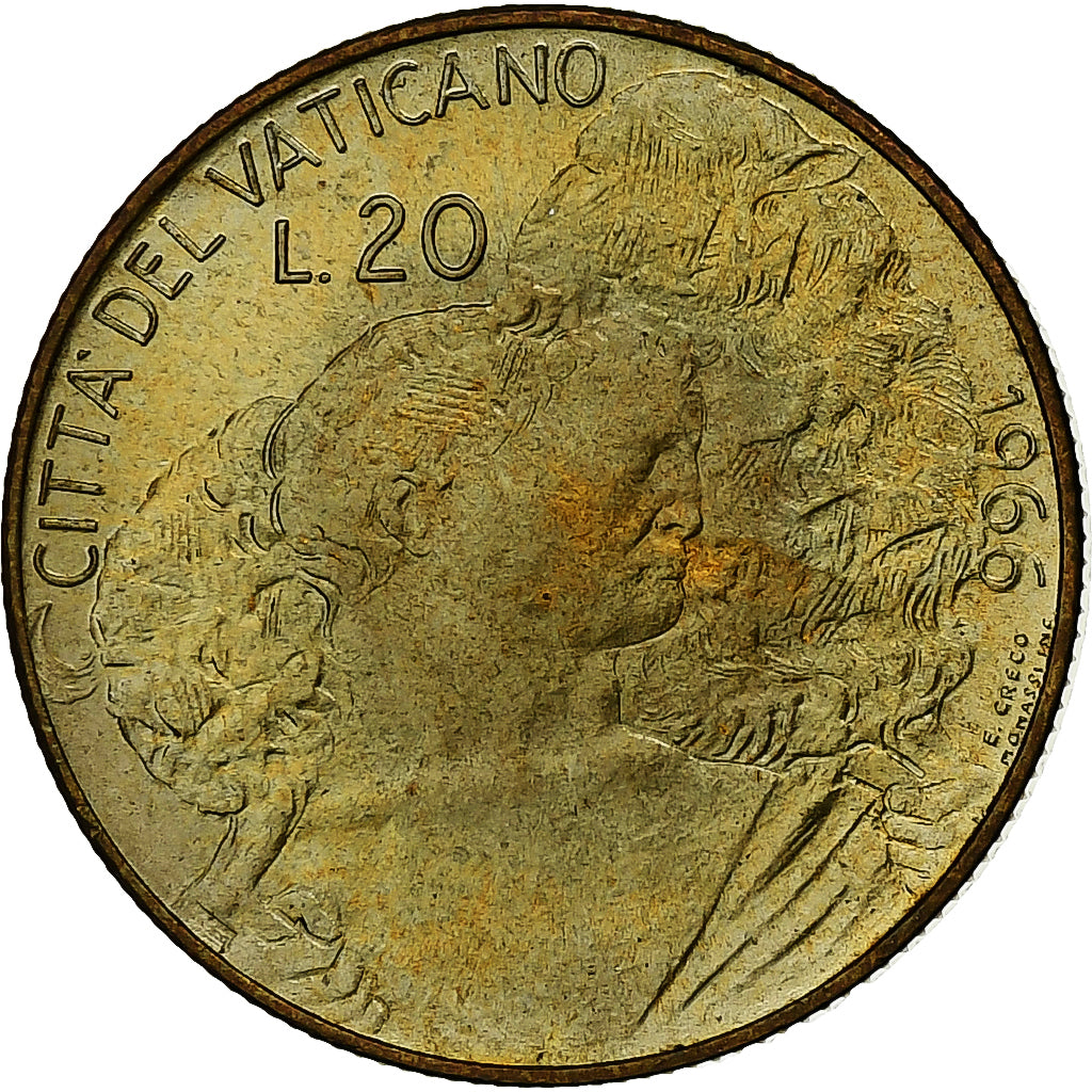 Vaticano, Paul VI, 20 Lire, 1966 - Anno IV, Rome, Alumínio-Bronze, MS(63)