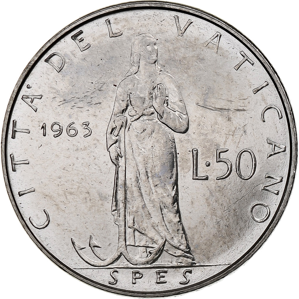 Vaticano, Paul VI, 50 Lire, 1963 - Anno I, Rome, Aço Inoxidável, MS(63), KM:81