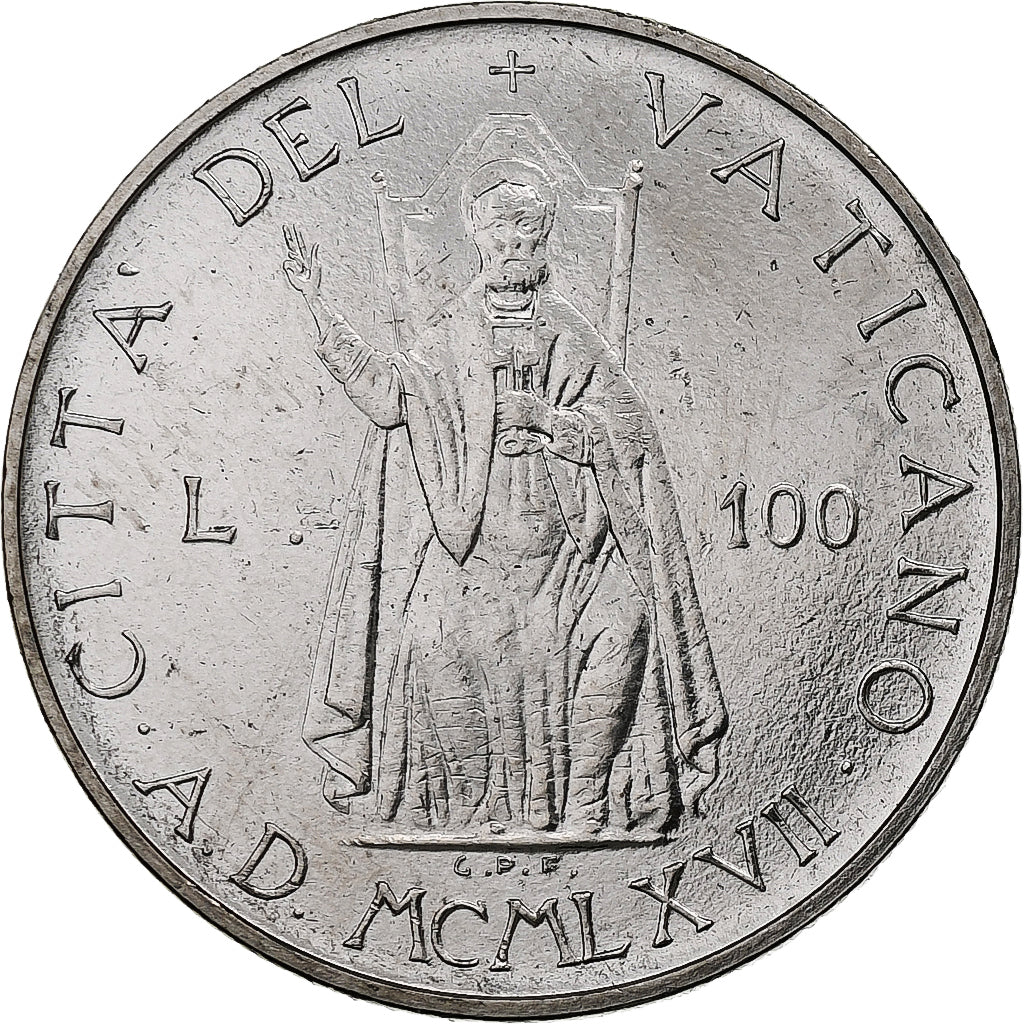 Vaticano, Paul VI, 100 Lire, 1967 - Anno V, Rome, Aço Inoxidável, MS(63)