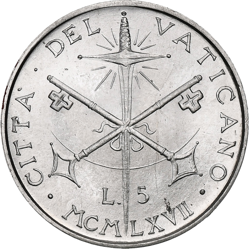 Vaticano, Paul VI, 5 Lire, 1967 - Anno V, Rome, Alumínio, MS(63), KM:94