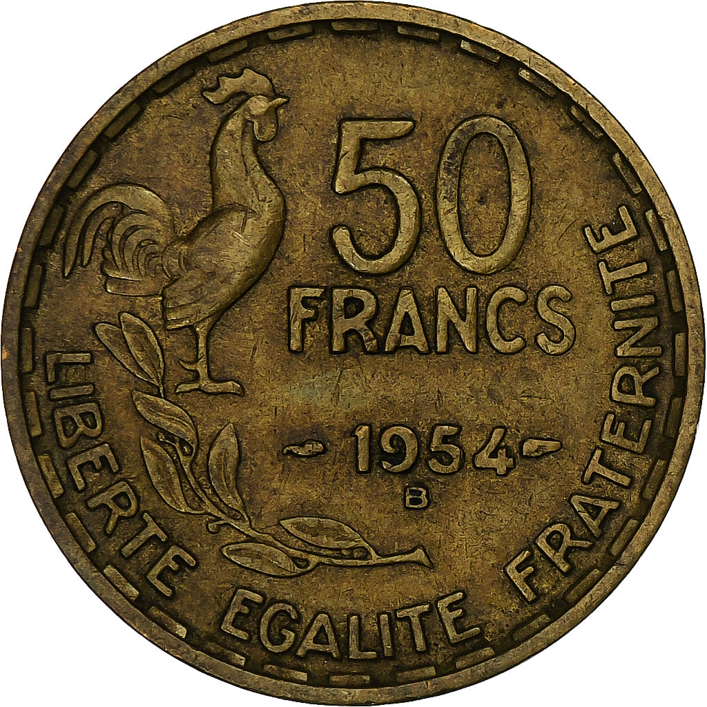 France, 50 Francs, Guiraud, 1954, Beaumont-Le-Roger, Cupro-Aluminium, EF(40-45)