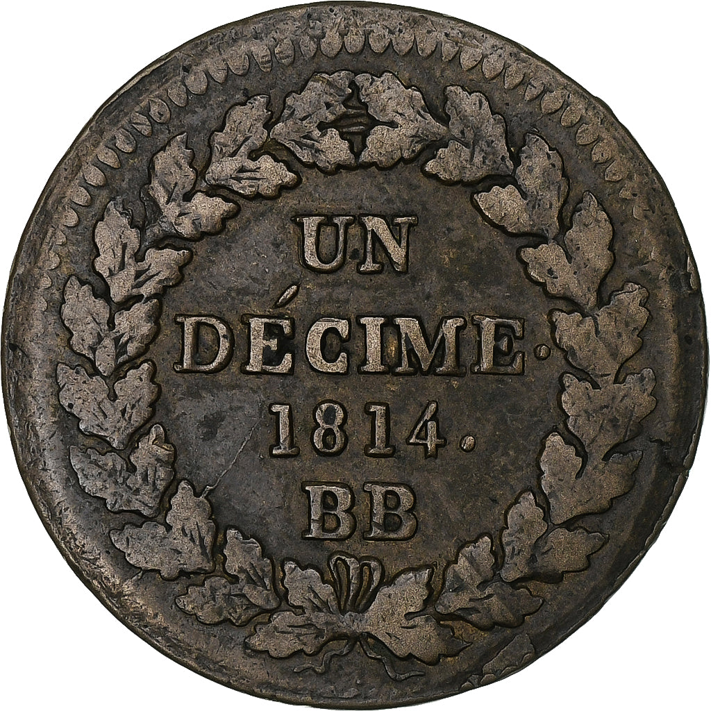 France, Napoleon I, Décime., 1814., Strasbourg, Bronze, EF(40-45)