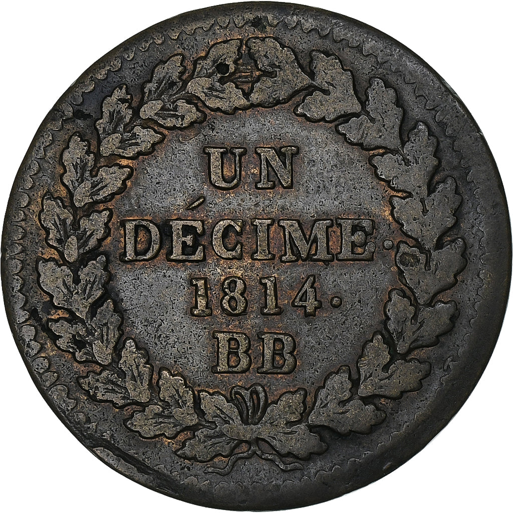 Francia, Louis XVIII, Décime., 1814., Strasbourg, Bronzo, BB, Gadoury:196a