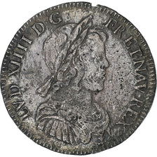 France, Louis XIV, 1/4 Écu à la mèche courte, 1644, Paris, Point, Silver