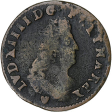 Francia, Louis XIV, 2 Deniers, 1708, Strasbourg, Cobre, BC+, Gadoury:72