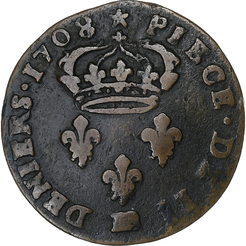 Francia, Louis XIV, 2 Deniers, 1708, Strasbourg, Cobre, BC+, Gadoury:72