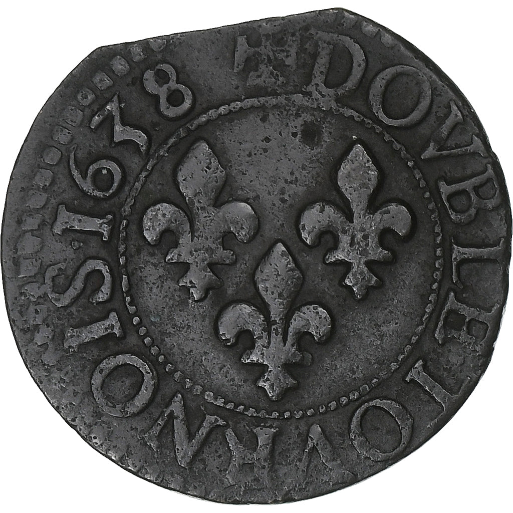 Francia, Louis XIII, Double Tournois, 1638, Tours, Cobre, MBC, Gadoury:11