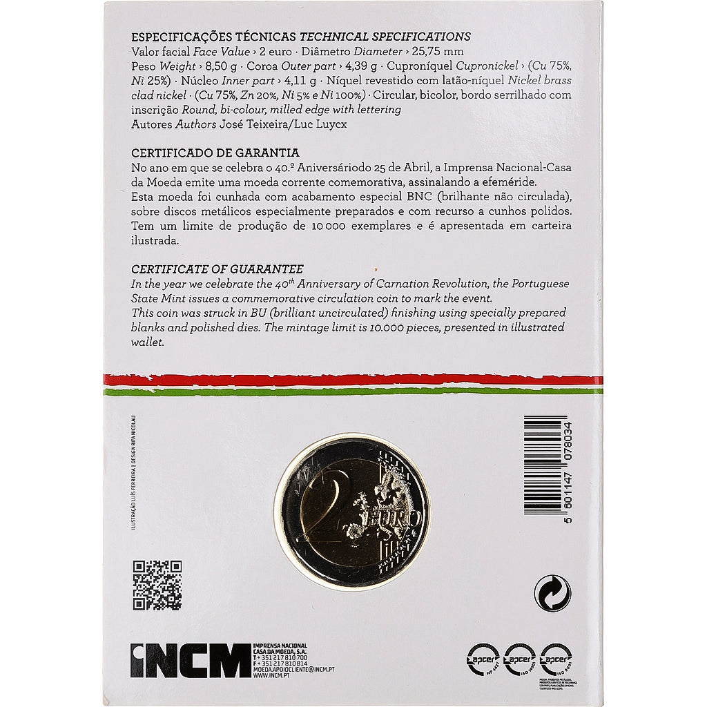 Portogallo, 2 Euro, 25 de Abril, BU, 2014, Lisbon, Bi-metallico, FDC