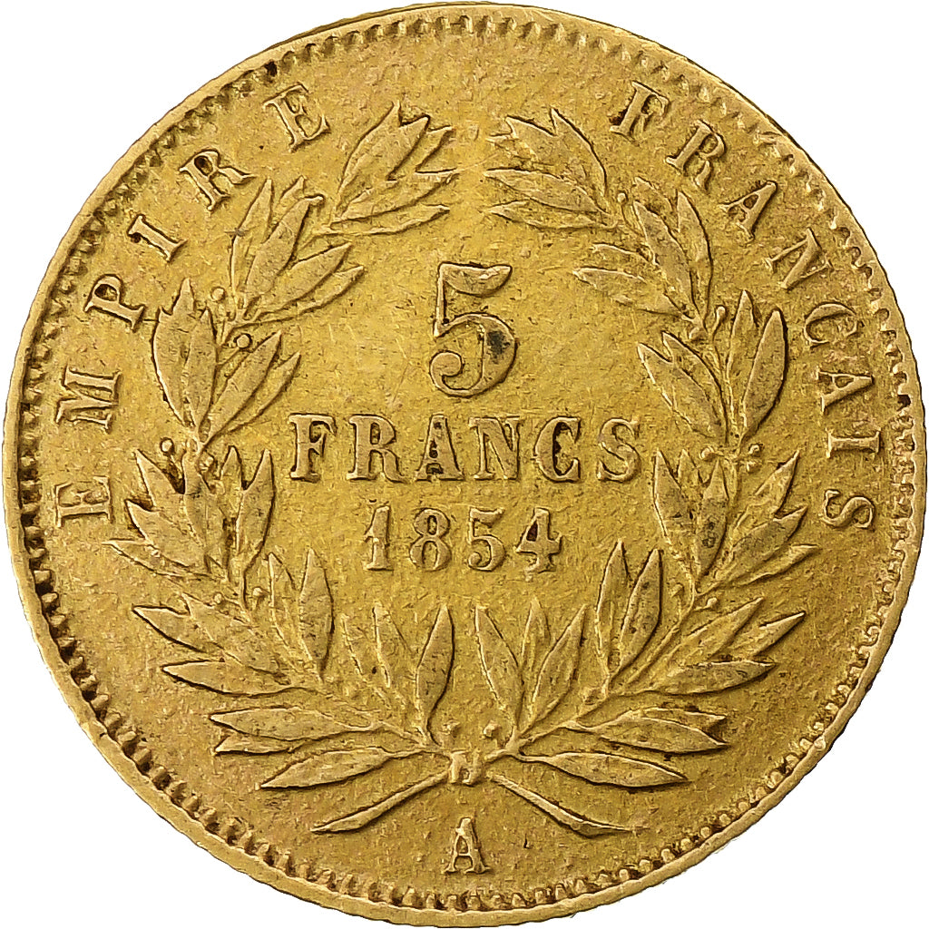 Frankrijk, Napoleon III, 5 Francs, 1854, Paris, tranche cannelée, Goud, FR+