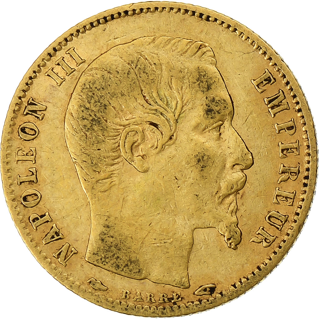 França, Napoleon III, 5 Francs, 1854, Paris, tranche cannelée, Dourado
