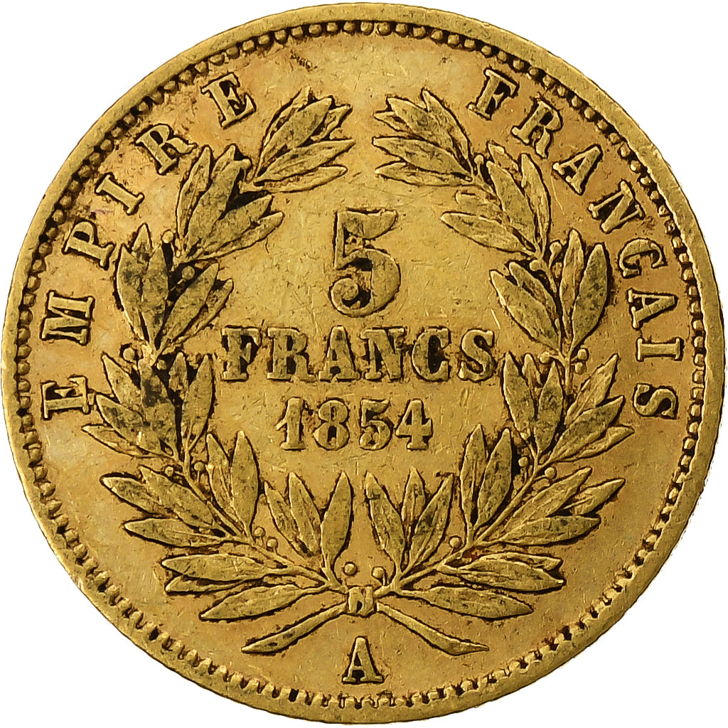 França, Napoleon III, 5 Francs, 1854, Paris, tranche cannelée, Dourado