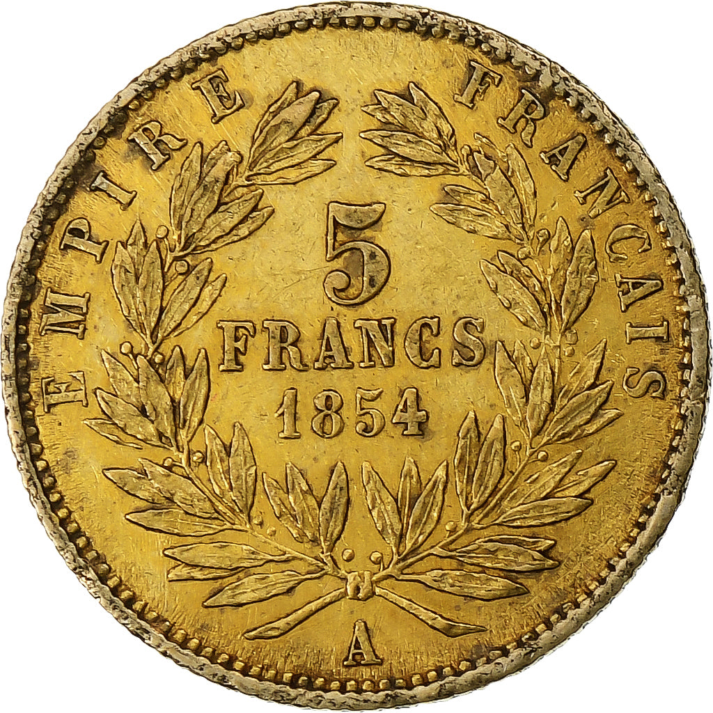 França, Napoleon III, 5 Francs, 1854, Paris, tranche cannelée, Dourado