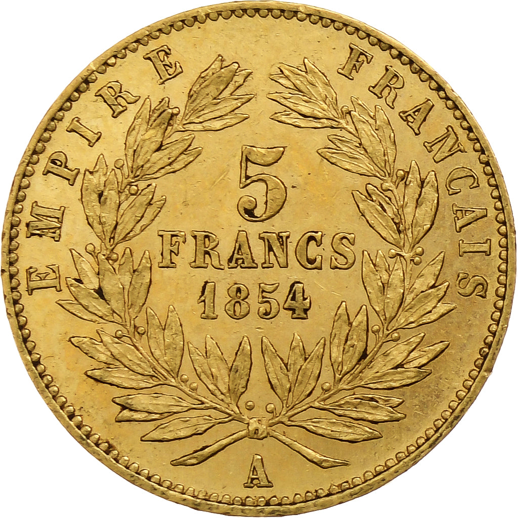 Francia, Napoleon III, 5 Francs, 1854, Paris, tranche lisse, Oro, BB+