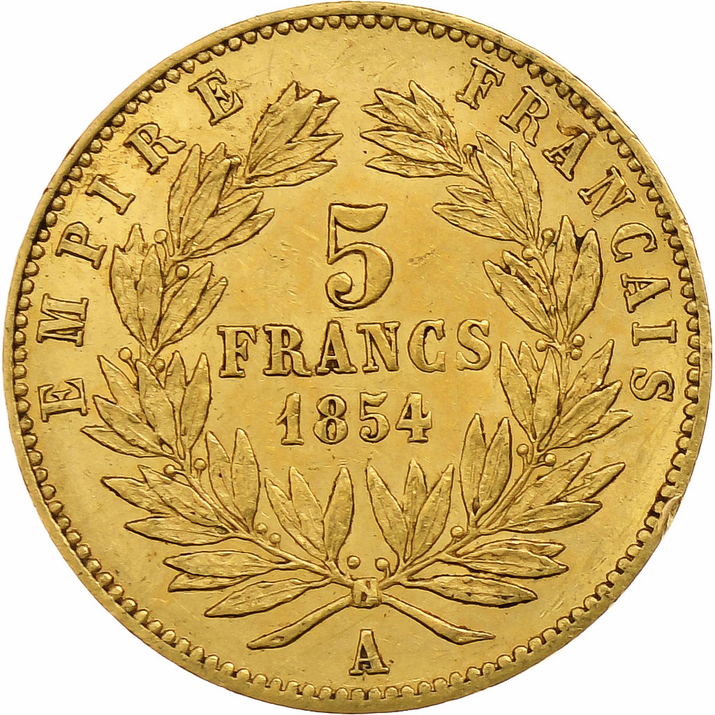 Francia, Napoleon III, 5 Francs, 1854, Paris, tranche lisse, Oro, MBC+