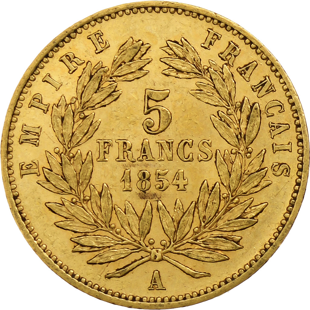 Francia, Napoleon III, 5 Francs, 1854, Paris, tranche lisse, Oro, BB+