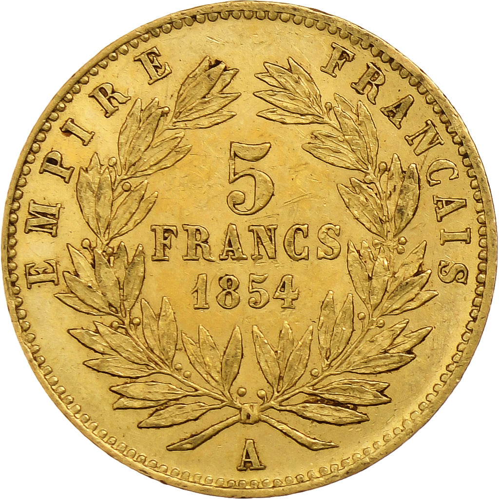 França, Napoleon III, 5 Francs, 1854, Paris, tranche lisse, Dourado, AU(50-53)
