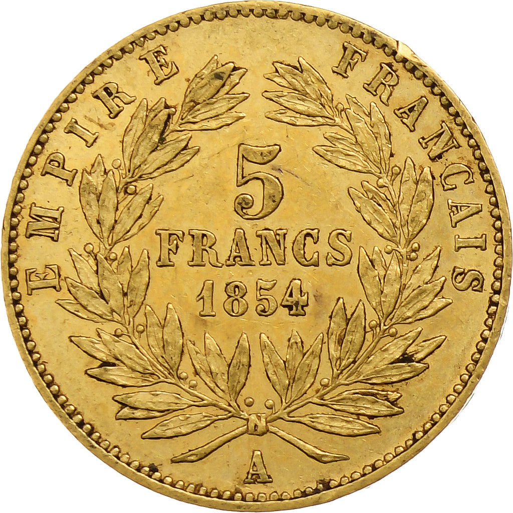 Francia, Napoleon III, 5 Francs, 1854, Paris, tranche lisse, Oro, MBC+