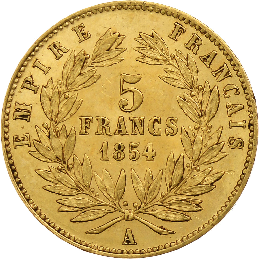 Francja, Napoleon III, 5 Francs, 1854, Paris, tranche lisse, Złoto, AU(50-53)