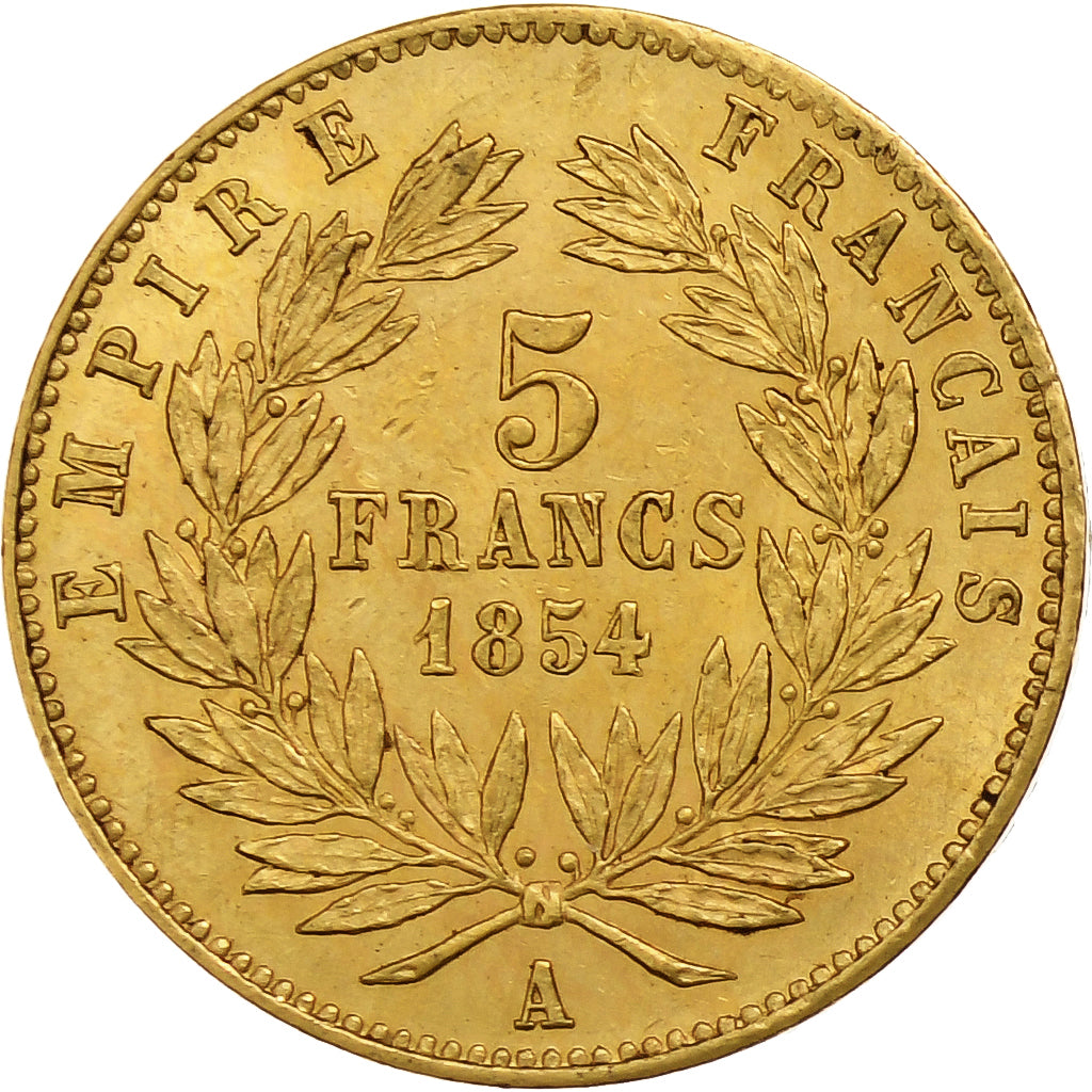 Francia, Napoleon III, 5 Francs, 1854, Paris, tranche lisse, Oro, BB+